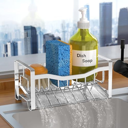 Stainless Steel Kitchen Sink Caddy Organizer with Auto Drain Tray, Sponge Holder for Countertop Storage Silver - color: Silver