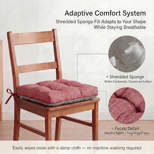 Chair Cushions for Dining Chairs Set of 4, 15.5" x 15.5" x 3.5" Kitchen Chair Cushions with Ties, Upgraded Silicone Non-Slip Bottom, Premium Shredded Memory Foam Chair Pads, Red - color: Red