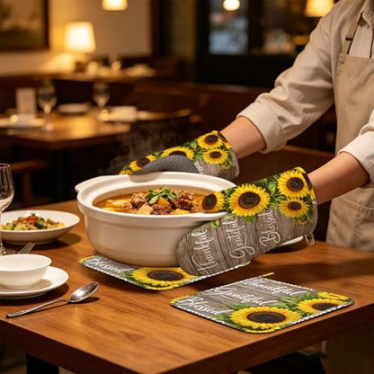 Wood Sunflower Oven Mitts and Pot Holders Sets of 4 PCS, Thankful Grateful Blessed Oven Gloves Potholder for Kitchen Cooking Baking BBQ Heat Resistant - color: Thankful Grateful Blessed