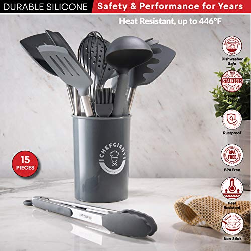 Silicone Cooking Utensils Set - Stainless Steel Handle, 15 Piece Kitchen Utensil Sets | Nonstick, Heat Resistant, BPA Free & Dishwasher Safe | Grey - color: Gray