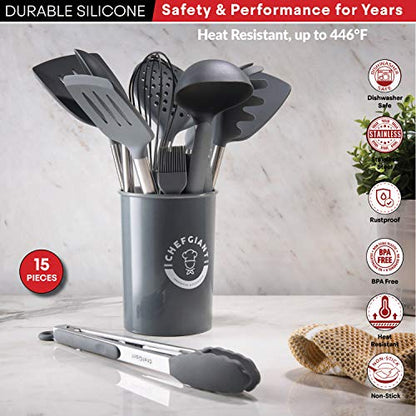 Silicone Cooking Utensils Set - Stainless Steel Handle, 15 Piece Kitchen Utensil Sets | Nonstick, Heat Resistant, BPA Free & Dishwasher Safe | Grey - color: Gray
