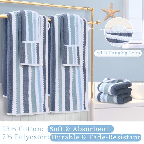 Waffle Towels for Bathroom - Quick Dry | Thick | Lightweight | 500GSM, 2 Large Bath 28"x52", 4 Hand 16"x27", Cotton Polyester Blend Towels, Shower Towel with Hanging Loops, Blue Gray Stripe and White - color: Blue-gray and White, size: 6 PCS Towel Set