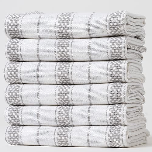 Kitchen Towels Set – Pack of 6 (20’’ x 30’’) Extra Large Premium Cotton Dish Towels for Kitchen – Chain Stripe Towels – Absorbent – 100% Cotton – with Hanging Loop – Light Grey - color: Light Grey Chain Striped, size: Pack of 6