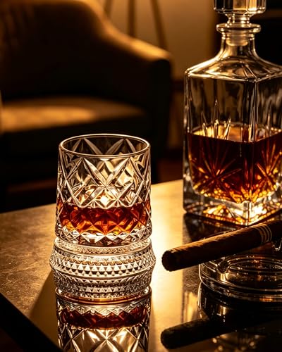CEEFU 360° Spinning Whiskey Glasses Set with Gift Box, Set of 2 | Old Fashioned with Rotating Base - 2 Big Ice Ball Molds - Bourbon, Cocktail, Rocks, Bday Gifts Ideas for Men, Ice Crackle - size: 9.5 oz-Ice Crackle Pattern