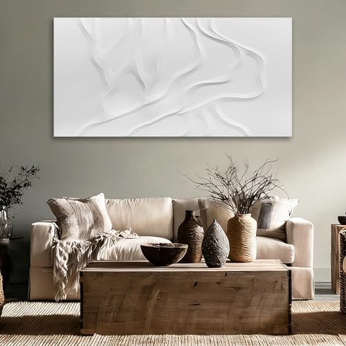 ZUNARE Hand-Painted White Abstract Wall Art for Living Room 24x48 Inch - color: White, size: 48"L x 24"W