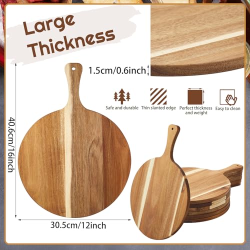 Sliner 6 Pcs Acacia Wood Round Cutting Board Pizza Paddle,12 X 16 Inch | 0.6" Thick Wood Boards with Handle, Charcuterie Serving for Cheese Meat Fruit Party, Chopping Paddle Kitchen Bulk Gift - size: 12 x 16 Inch