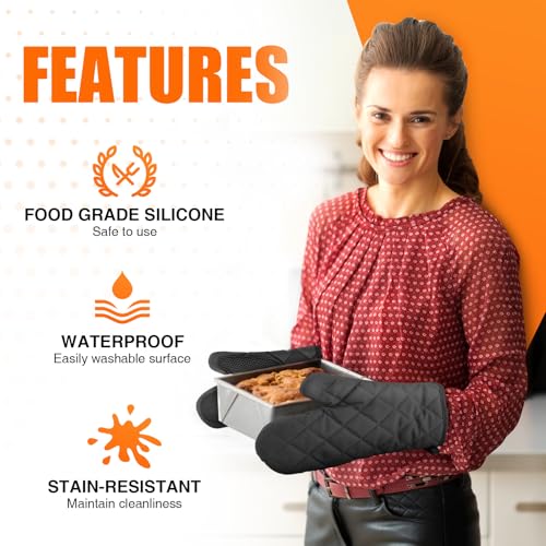Silicone Oven Mitts, Heat Resistant 2PCS Oven Mitts with Soft Cotton Lining, Waterproof Non-Slip Grip Oven Glove, Kitchen Potholder Mits for BBQ, Baking, Cooking, 10.5Inch - Dark Black - color: Dark Black