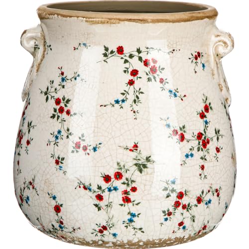 Ceramic Scroll Planter 6.5 Inch Chinoiserie Floral Vase with Drainage Holes Vintage Flower Vase Flower Pot Rustic Ceramic Pots for Indoor Plants Garden Home Bookshelf Decor(Milky) - style: Milky