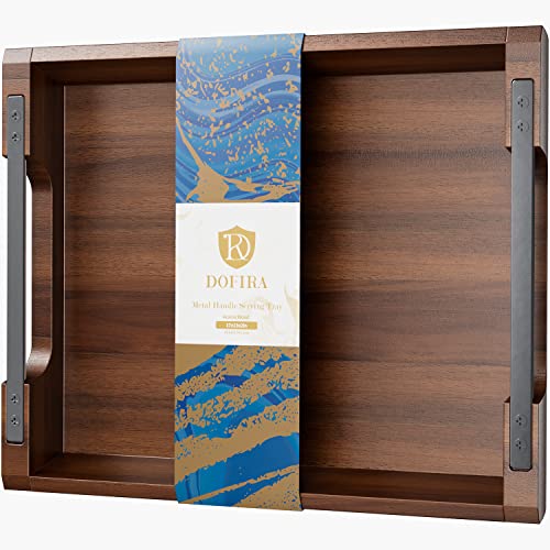 Acacia Wood Serving Tray with Metal Handle, 17x13in Tray for Ottoman | Decorative Food & Drink Tray for Coffee Table, Breakfast, Dinner, BBQ, Party, Lap, Couch, Rustic Home Decor, Elegant Gift Box - color: Black Handle 01, size: 17" x 13" x 2"