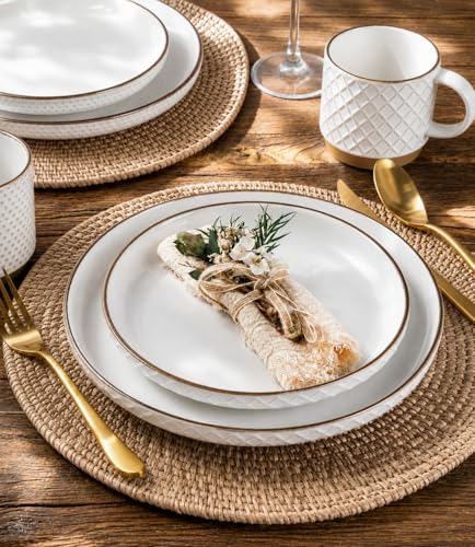 GBHOME Stoneware Dinnerware Set for 4, 12 piece Farmhouse Plates and Bowls | Elegant Embossed Ceramic Dish Set, Scratch Resistant, Microwave & Dishwasher Safe, Off white - color: Off White-Mixed Texture