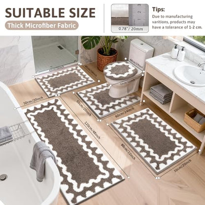 Findosom Bathroom Rugs Sets 5 Piece, Absorbent Soft Non-Slip Bath Rug Set | Washable Microfiber Shaggy Bath Mat Set with Bathroom Runner Rug, U-Shaped Toilet Rugs, Shower Rug & Toilet Lid Cover, Brown - color: Brown & White, size: 18"x26"+20"x32"+20"x48"+