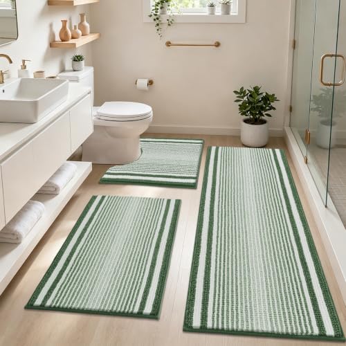 HEBE Chenille Bathroom Rugs Sets 3 Piece, Non Slip Washable Bath Mats Set | Absorbent Bathroom Mat Set, Soft Bath Rugs, Ultra Plush Bath Mat and U-Shaped Contour Toilet Rug Set for Shower,Sage Green - color: Sage Green