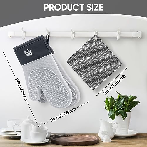 Oven Mitts and Pot Holders Sets, 2 Pack Extra Long, Heat Resistant 500°F | Heat Resistant Silicone Oven Mitt with Soft Cotton Lining, Flexible Gripping for BBQ, Baking, Cooking, Grilling, Kitchen