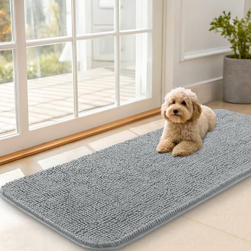 OLANLY Dog Door Mat for Muddy Paws 47x20, Super Absorbent Chenille Mud Mat | Grey, Absorbs Moisture and Dirt, Non-Slip Machine Washable Doormat, Quick-Drying Indoor Entryway Floor Carpet for Dogs - color: Grey, size: 47" X 20"