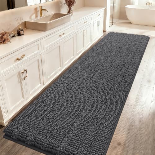 Striped Grey Bathroom Rug Mat 48"x17" Ultra Soft, Non Slip Chenille Bath Rugs, Absorbent Plush Shaggy Bath Mats for Bathroom, Bedroom, Kitchen, Shower, Tub,Dark Gray, Charcoal - color: Dark Gray, size: 1'5" x 3'11" (Runner)