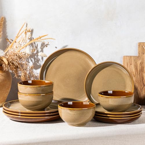 LERATIO Ceramic Dinnerware Sets for 4,12Pcs Stoneware Plates and Bowls Set | Handmade Reactive Glaze Ceramic Dishes Set,Oven & Microwave,Dishwasher Safe,Scratch Resistant-Chestnut - color: Chestnut, size: Service for 4-12pcs