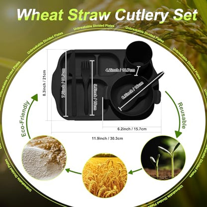 Honoson 24 Pcs Wheat Straw Dinnerware Cutlery Set, Service for 4, Unbreakable Plates and Bowls Set - Divided Plates, Bowls, Spoons, Forks & Knives, Microwave & Dishwasher Safe(Black) - color: Black