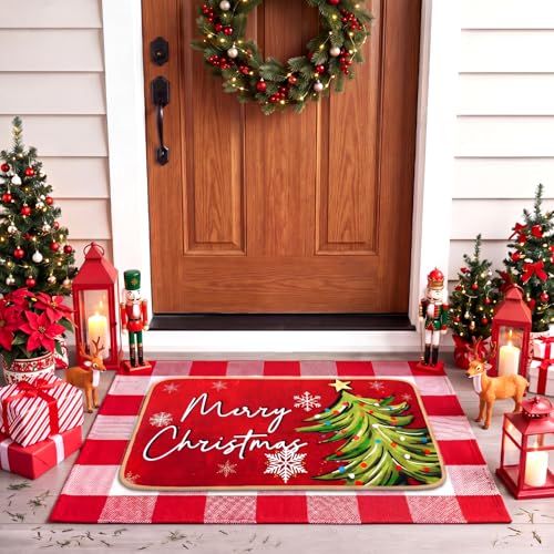 Tinideya 2 Pcs Christmas Door Mat Outdoor Whimsical Xmas Tree Front Doormat Nonslip Red and White Buffalo Plaid Layered Linen Rubber Xmas Rugs Merry Christmas Decor for Front Porch Entryway Outside - size: 16 x 28 Inch,24 x 35 Inch, style: Christmas Tree