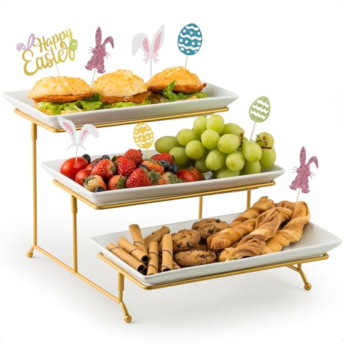 YHOSSEUN 3 Tier Serving Tray with Serving Stand, Ceramic, 12 inch Gold | Serving Dishes for Entertaining, Tiered Serving Tray for Party, Suitable for Dessert Table Display Set Catering Supplies - color: Gold Stand, size: 11.7" x 15.9" x 9.1"