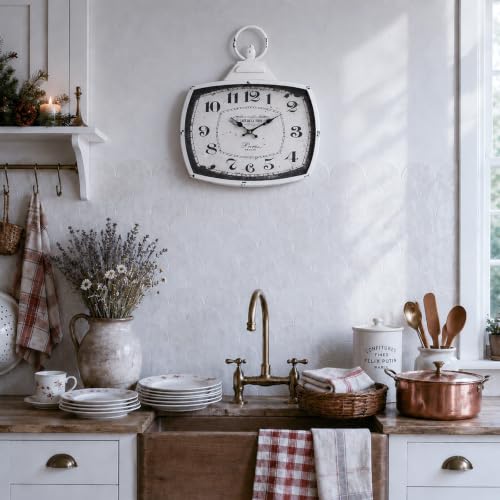 Retro Rectangle Wall Clock, Battery Operated Silent White Farmhouse Wall Clocks, Antique Old Design Style, Wall Clocks for Living Room,Kitchen,Bedroom,Office (17" H x 15" W) - color: White-15"×17"