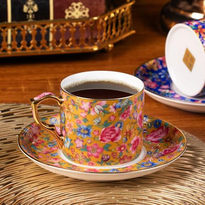 KAMMAK Tea Cup and Saucer, Ceramic Coffee Cups, 6 oz, Set of 2 | Porcelain Tea Cups with Saucers for Coffee and Cappuccino, Ideal for Breakfast, Afternoon Tea and Entertaining,649+650N - style: 649N+650N