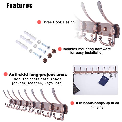 Coat Rack Wall Mount - 29.5” Long 8-Tri-Hooks Heavy Duty Coat Hanger Rail Wall Hooks for Hanging Coats Hats Clothing Clothes Purse Mudroom Entryway, Red Antique Copper - color: Antique Copper, size: L=29.5” (1 Pcs)