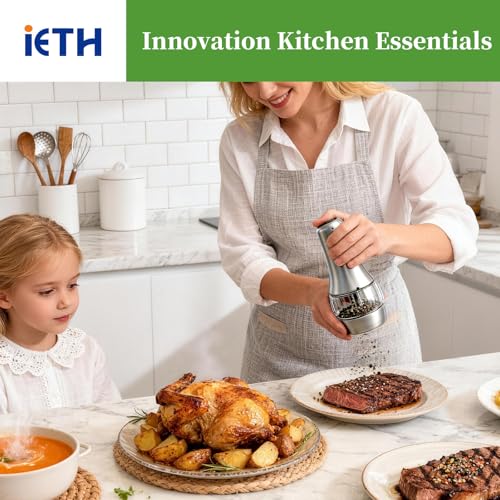 Electric Salt and Pepper Grinder Set - Larger Capacity Pepper Mill | Stainless Steel Automatic Salt and Pepper Shakers - 5 Adjustable Coarseness Rechargeable Pepper Grinder with LED Light