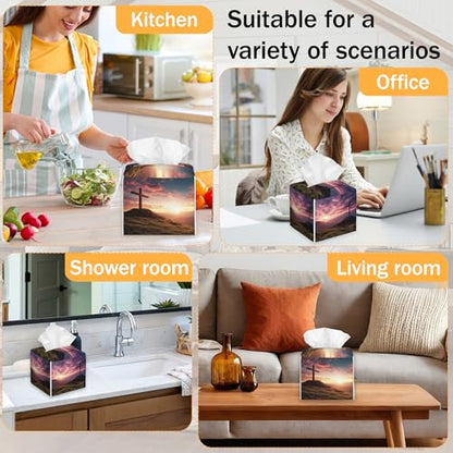 Cross 2 Pcs Tissue Box Cover Square, Mountain Tissue Box Holder Waterproof Leather Facial Paper Organizer Dispenser for Bathroom Home Car Nightstand - color: Cross