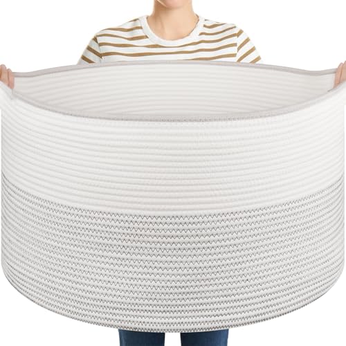 OIASKET Large Blanket Basket with Handles, 22.8" x 22.8" x 13" Woven Storage Basket for Living Room, Cotton Rope Baby Toy Storage for Clothes, Pillows, Towels-Black and White - color: Black & White, size: 90L