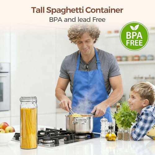 ComSaf Tall Glass Pasta Containers with Airtight Lids 68 oz 3 Pack Canister | Spaghetti linguine, Long pasta storage, Breadsticks, Vertical pantry organization, Cabinet organization, Dry food storage - size: 68oz 13" Tall*3