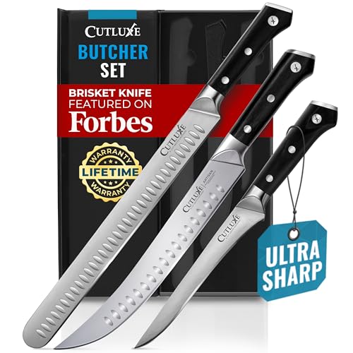 Cutluxe Butcher Knife Set, Brisket, Breaking & Boning Knife for Meat | BBQ Carving & Slicing Blades, Ultra Sharp German Steel, Full Tang Ergonomic Handles – Grilling Gift - size: 3 Pcs Brisket Knife Set