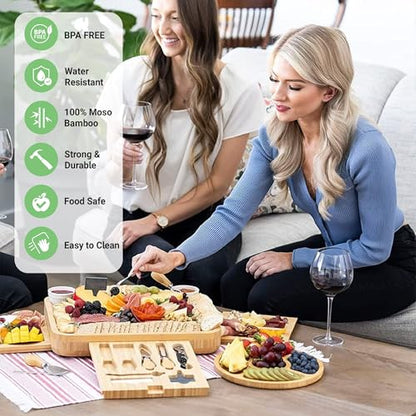 NBE Custom Engraved Bamboo Cheese Board with 3 Drawers & Utensil Set - Personalized Charcuterie Serving Tray, Mother's Day Wedding Housewarming Gifts for Women Couples