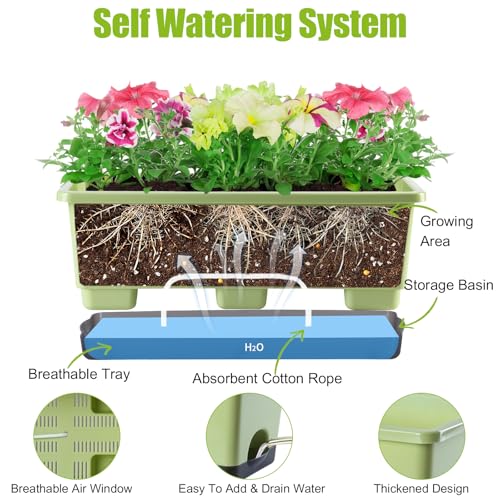 Window Box Planter 8 Pcs, 17 Inches Rectangle Flower Pots with Drainage Holes & Trays, Vegetable Planters for Windowsill Patio Garden Balcony Home Indoor Outdoor (Light Green, 16 * 7 * 6 inch) - color: Light Green