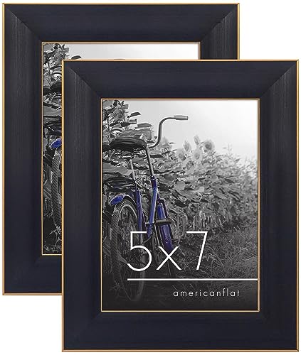 Americanflat 5x7 Picture Frame with Polished, Crystal Clear Glass - Set of 2 - Picture Frames for Tabletop and Wall Display - Black with Gold Trim | Wall or tabletop display with included easel, triangle hangers included, secure turn-tab backing, gold tri