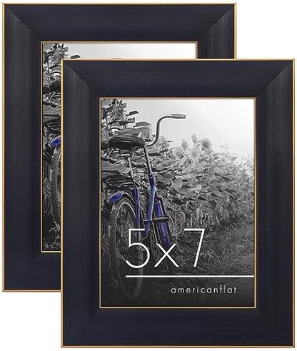 Americanflat 5x7 Picture Frame with Polished, Crystal Clear Glass - Set of 2 - Picture Frames for Tabletop and Wall Display - Black with Gold Trim | Wall or tabletop display with included easel, triangle hangers included, secure turn-tab backing, gold tri