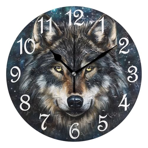Wolf Galaxy Painting Round Wall Clock Silent Non Ticking Bathroom Clocks 10 Inch Battery Operated Clock for Kitchen Living Room Bedroom Home Decor - color: B003
