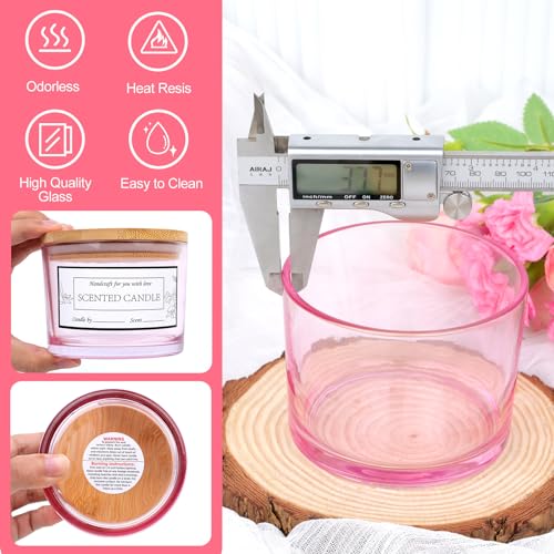 CONNOO 8 Pack 12 OZ Pink Glass Wide Mouth Candle Jars | Airtight Bamboo Lids, Sticky Warning Labels, Empty Container Bulk, Dishwasher Safe - color: Pink