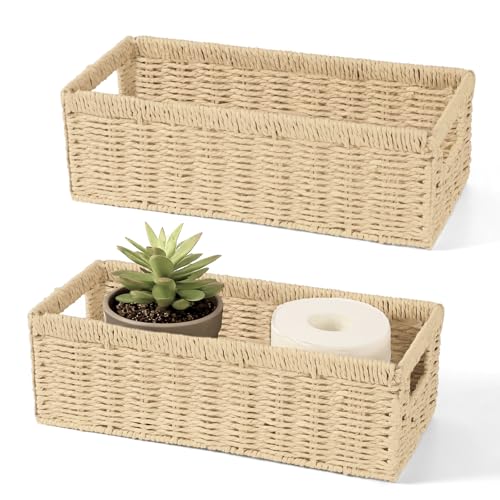 2 Pack Paper Rope Wicker Baskets with Handles, Storage Wicke Baskets for Shelves Organizing, Natural Color Toilet Basket Tank Topper, Small Woven Baskets for Storage, 14.17x6.1x4.72in - color: Natural Color