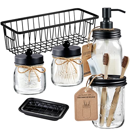 SheeChung Mason Jar Bathroom Accessories Set,6Pcs Rustic Bathroom Set,Black | Glass Bathroom Accessory Set, Soap Dispenser, Toothbrush Holder, 2 Qtip Holders,Soap Dish,Wire Basket,Western Farmhouse Decor - color: Black