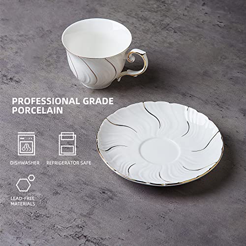 Agyiuns 6 Sets 6oz Porcelain Tea Cups Saucers，White with gold thread Tea Cups for Tea,Coffee - color: White with gold thread-set of 6