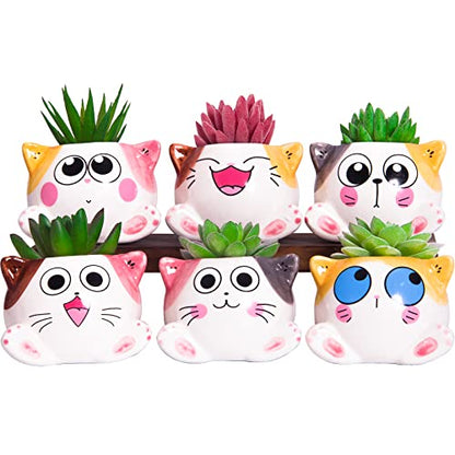 3.4 Inch Cute Succulent Pots with Drainage, Cat Planters for Indoor Plants | Tiny Animal Planters Mini Cat Pots Small Ceramic Flower Pot Cartoon Cactus Plant Pots Set of 6 - color: Cats 6pcs