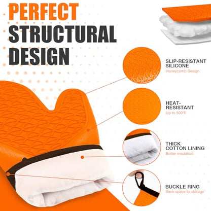 Silicone Oven Mitts, Heat Resistant 2PCS Oven Mitts with Soft Cotton Lining, Waterproof Non-Slip Grip Oven Glove, Kitchen Potholder Mits for BBQ, Baking, Cooking, 12.5 Inch - Orange - color: Orange