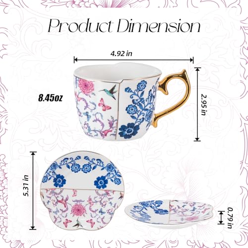 KAMMAK Tea Cups and Saucers Set of 2, 8 oz Porcelain Coffee Cups, YX018 | Stackable Espresso Mugs, Ceramic Demitasse for Coffee, Cappuccino, Latte, Americano, Tea - size: 8CZYX018