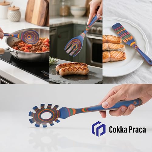 6-Piece Pakkawood Kitchen Utensils | Heat Resistant Wood Kitchen Utensils | Pakkawood Kitchen Cooking Utensil Set | Wooden Spoons for Cooking | Non-Sitck Cooking Spoons | Sapphire - color: Sapphire-6PCS