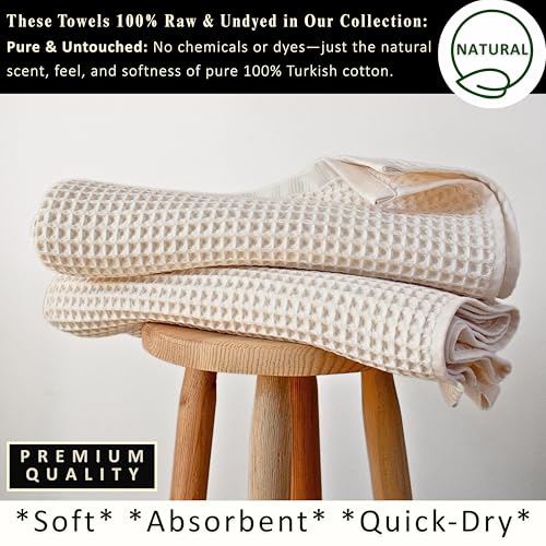 PÜSKÜL Raw-Undyed Natural 100% Turkish Cotton Waffle Bath Towels (2-Piece) | Large 32x63" Light Bath Sheet, Soft Absorbent Quick-Dry Lint-Free Premium 3D Honeycomb Weave Organic Oeko-Tex Made in Turkiye - color: Natural Beige
