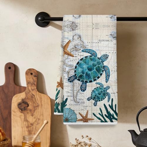 Blue Turtle Kitchen Towels 24x14 Inch, Starfish Map Coral Ocean Decor Waffle Hand Towels for Kitchen Home Farmhouse, Absorbent Microfiber Dish Cloth Tea Towel, Housewarming Gifts for Women Mom - color: Lm 327