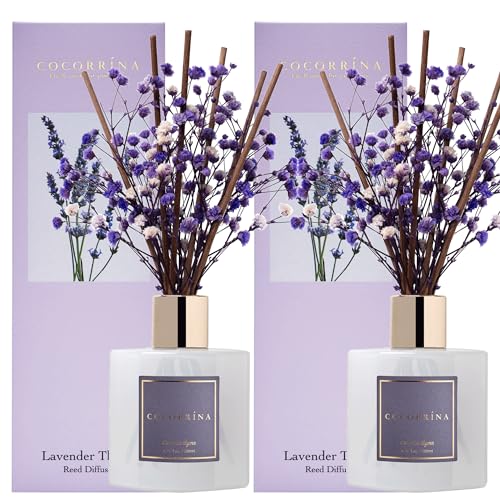 Premium Reed Diffuser Set with Preserved Baby's Breath & Cotton Stick Lavender Thyme 2 Packs, 6.7oz Scent Fragrance Oil Diffuser for Bedroom Bathroom Home Décor - size: 6.7 Ounce/2pack