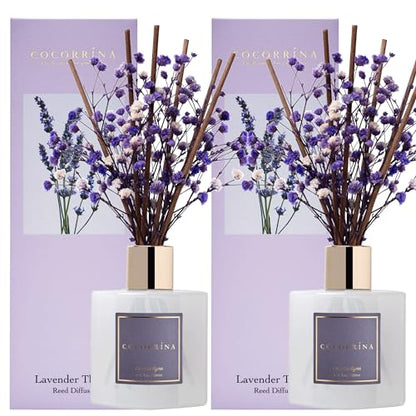 Premium Reed Diffuser Set with Preserved Baby's Breath & Cotton Stick Lavender Thyme 2 Packs, 6.7oz Scent Fragrance Oil Diffuser for Bedroom Bathroom Home Décor - size: 6.7 Ounce/2pack
