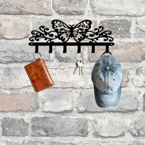Butterfly 6‑Hook Black Metal Wall Rack, Entryway Organizer for Keys Coats Hats Towels Decor