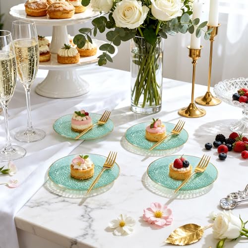 Rubtlamp 200Pcs Green Plastic Dessert Plates,6inch Small Appetizer Plates with Gold Rim, Fancy Hammered Cake Plate with 100PCS Gold Disposable Forks, Hard Salad Plate for Teatime Party - color: Green with gold